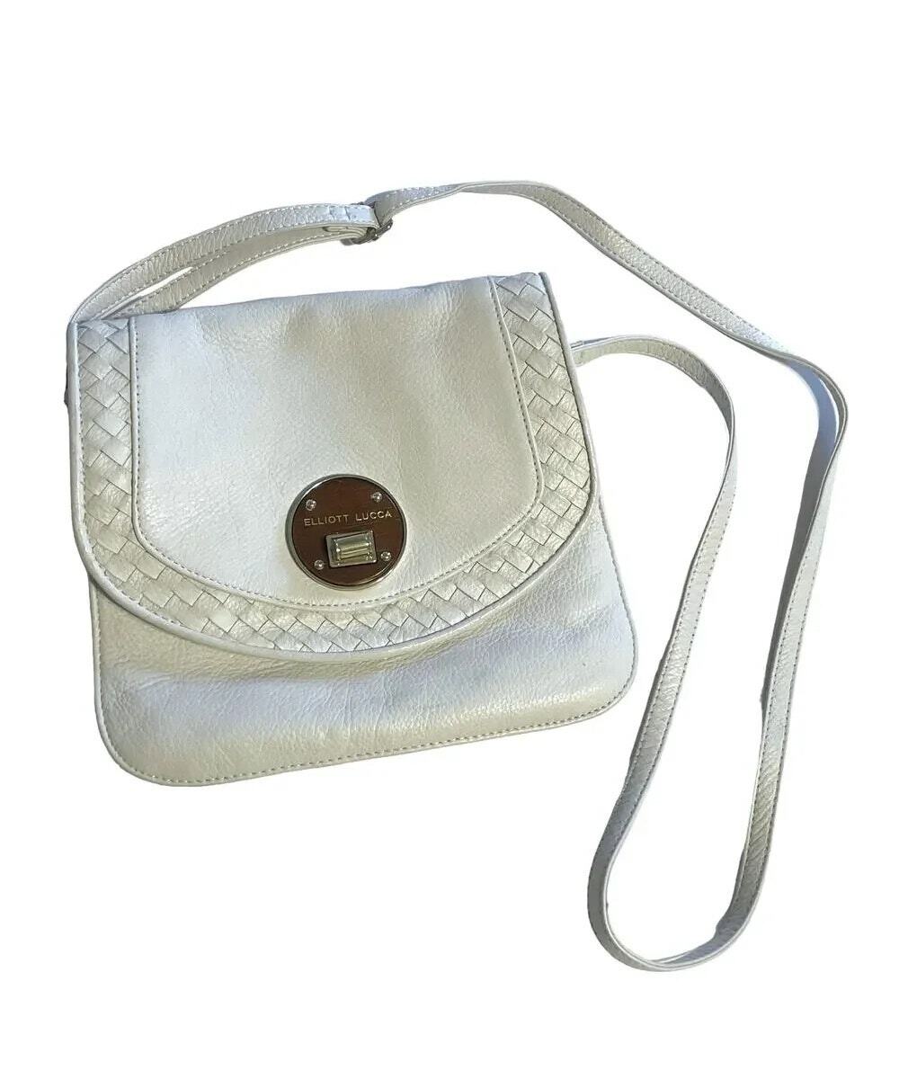Elliott Lucca Ivory Leather Crossbody Womens Winter White Basket Weave Purse